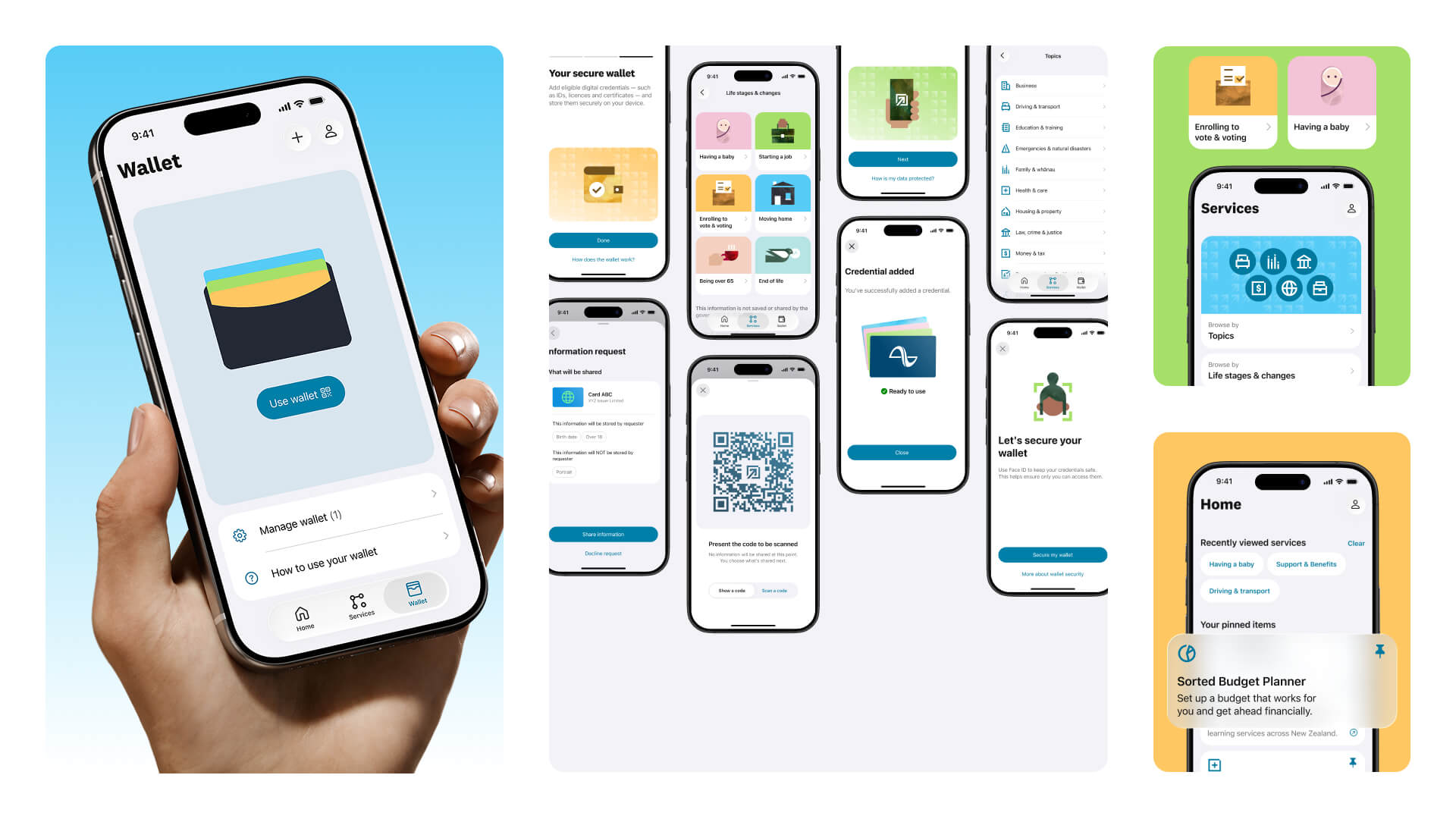 Govt.nz app product experience shown across multiple app screens